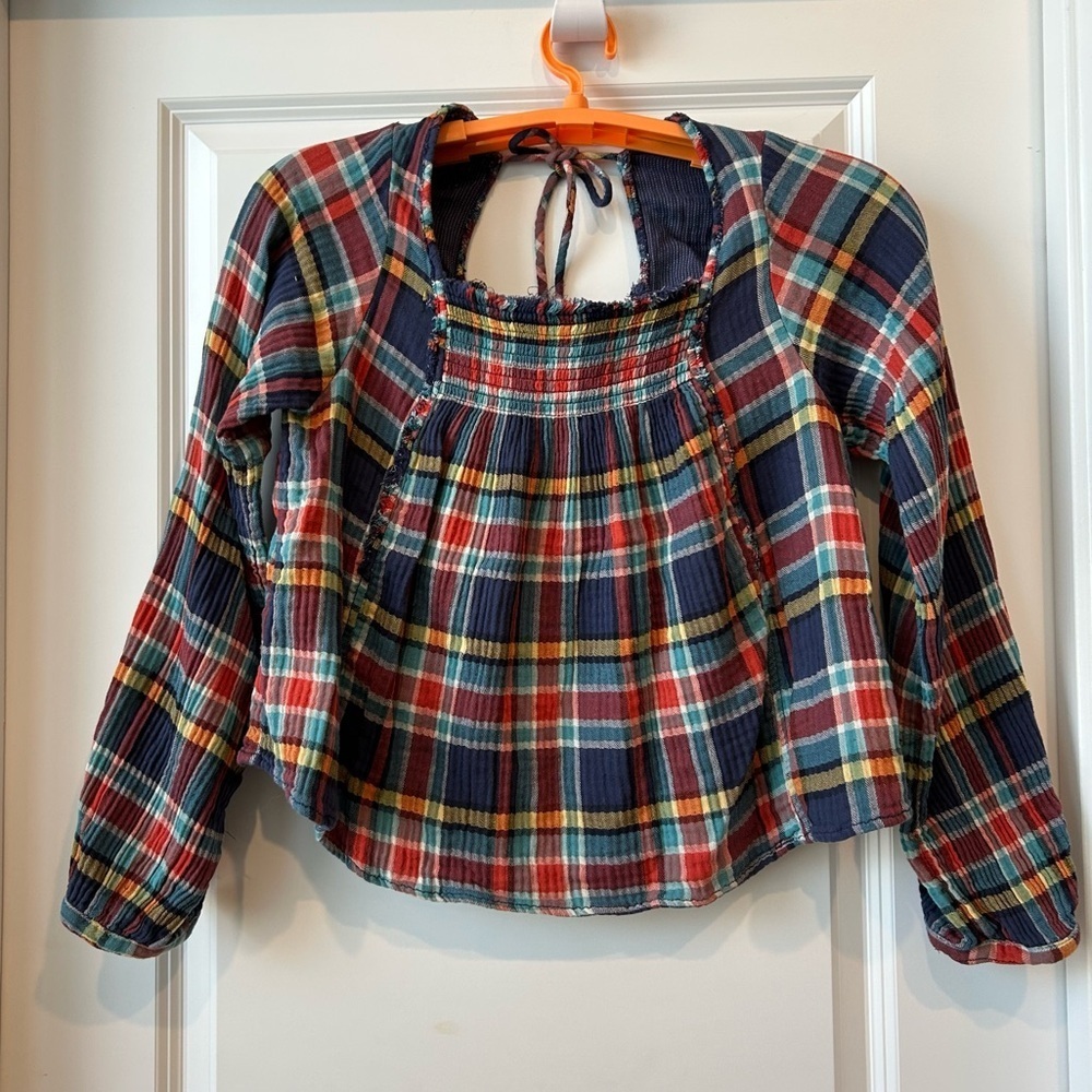 We the Free Plaid Siena Top Sz M Shirring Back Neck Tie Casual Cotton READ